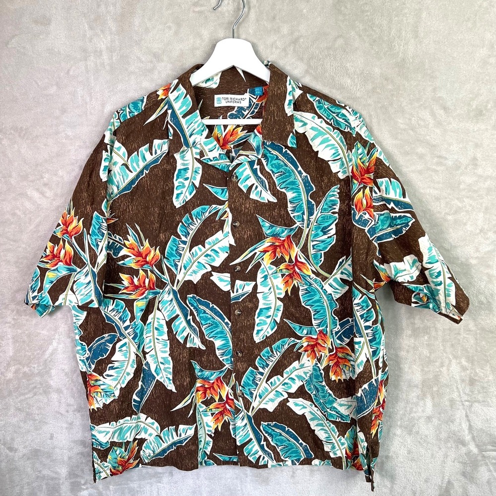Tori Richard Uniforms Shirt Men's brown, orange and ivory s/s Hawaiian 2XL